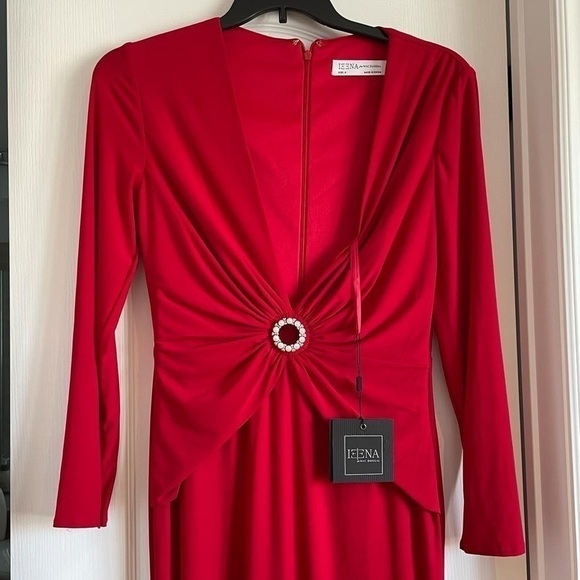 Nwt Ieena by Mac Duggal Gathered Pearl Long Sleeve  Keyhole Gown Dress in Red - Picture 7 of 12